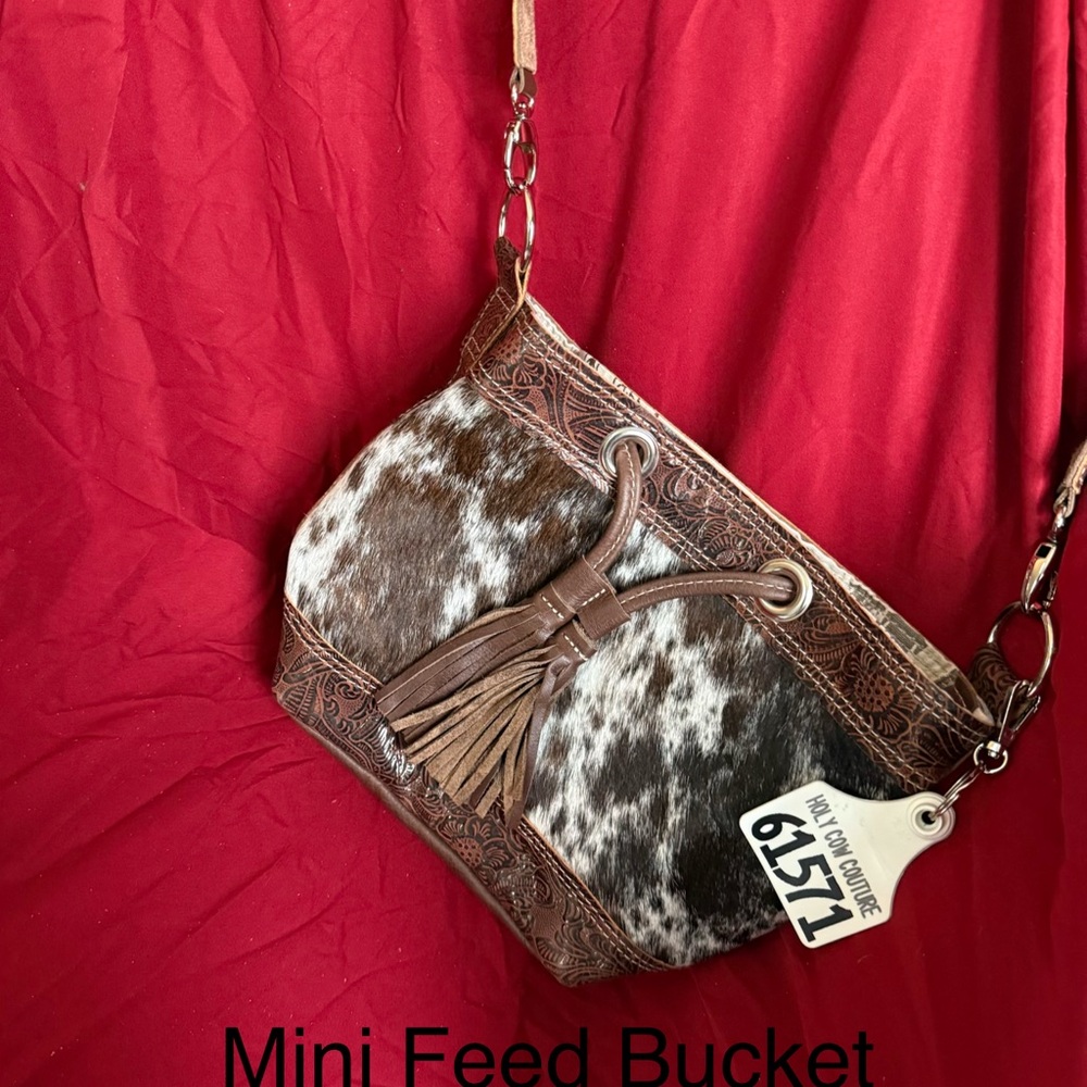 Holy Cow Mini Feed Bucket $275 Brown and White Cowhide Crossbody Bag